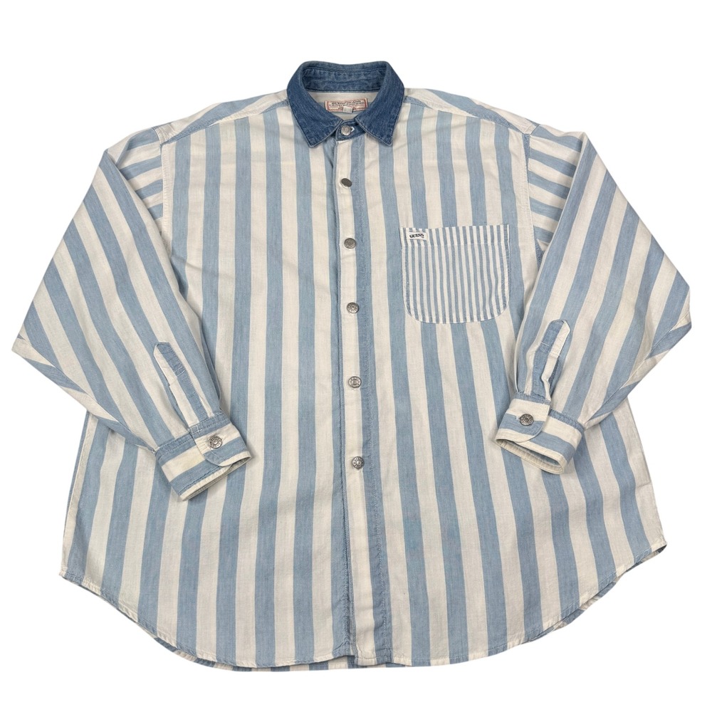 VTG 90s Guess Jeans Shirt Womens Medium Blue White Striped Denim Collar USA Made